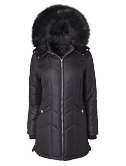 Women Long Down Alternative Winter Puffer Coat Zip-Off Plush Lined Fur Trim Hood