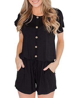 BOCOTUBE Women's Summer Casual Short Sleeve Striped Front Button Loose Jumpsuit Rompers with Pockets