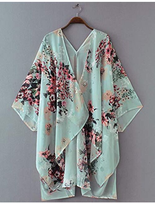 Relipop Women's Chiffon Blouse Loose Tops Beach Kimono Floral Print Cardigan