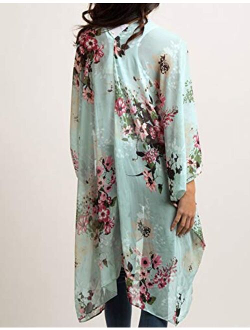 Relipop Women's Chiffon Blouse Loose Tops Beach Kimono Floral Print Cardigan