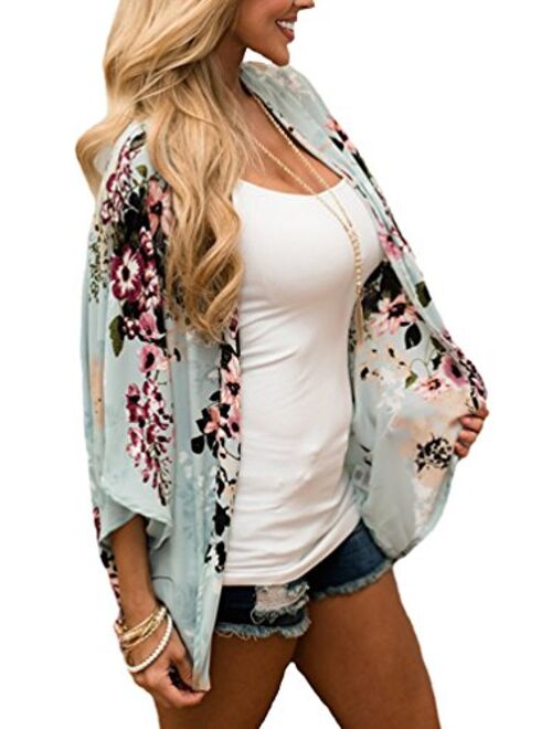 Hibluco Women's Fashion Floral Print Kimono Cardigan Long Tops Loose Cover Ups