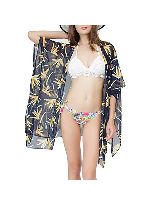 Women's Floral Print Chiffon Summer Swimwear Kimono Cardigan, Casual Loose Open Front Cover up Blouse Tops