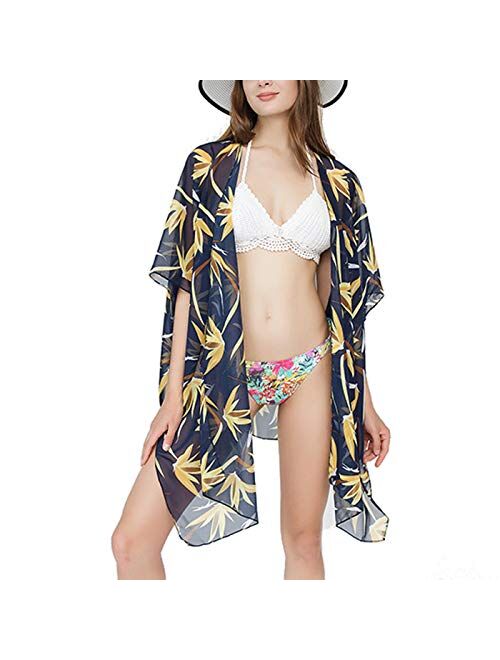 Women's Floral Print Chiffon Summer Swimwear Kimono Cardigan, Casual Loose Open Front Cover up Blouse Tops