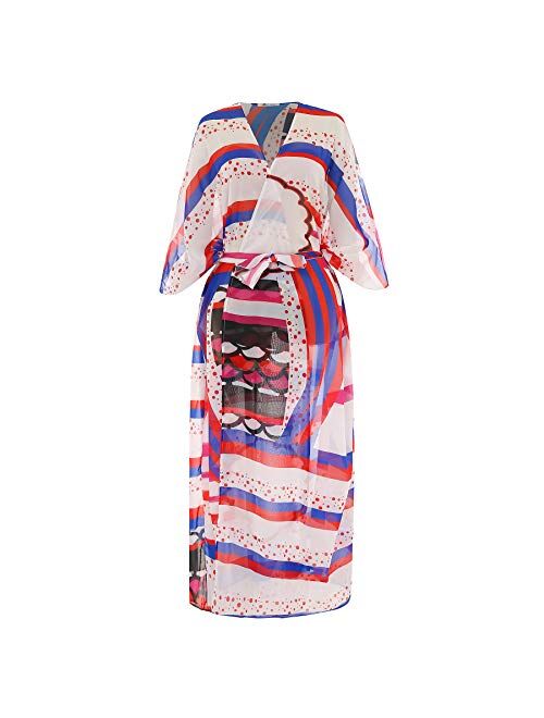 FOCUSNORM Women Chiffon Beach Dress Kimono Cardigan Swimsuit Cover Up Beachwear Dress