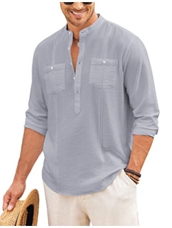 Men's Linen Henley Shirt Long Sleeve Casual Hippie Cotton Beach T Shirts