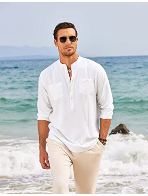 COOFANDY Men's Linen Henley Shirt Long Sleeve Casual Hippie Cotton Beach T Shirts