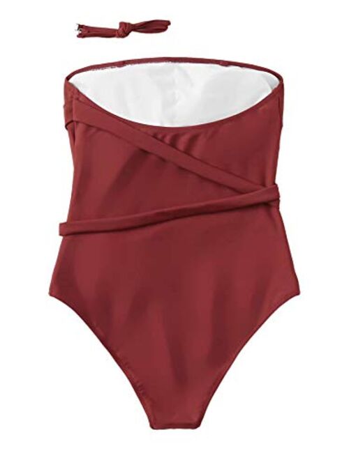 SweatyRocks Women's Bandeau One Piece Swimsuit Tie Front Tummy Control Bathing Suits