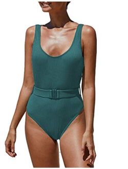 Bsubseach Women Ribbed One Piece Swimsuit Padded Tummy Control Bathing Suit with Belt