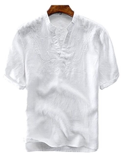 utcoco Men's Retro Frog Button V-Neck Embroidery Linen Henley Shirts Short Sleeve