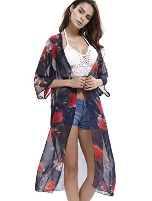 Upopby Women's Floral Printed Chiffon Swimsuits Cover Up Beach Bikini Kimono Cardigan