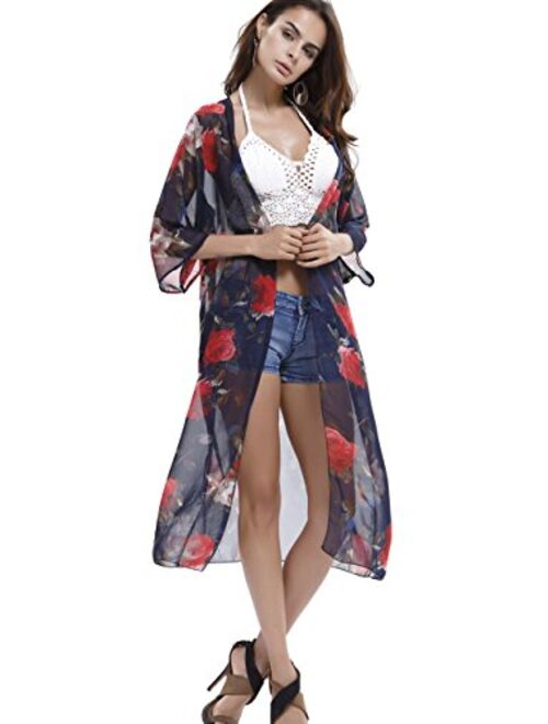 Upopby Women's Floral Printed Chiffon Swimsuits Cover Up Beach Bikini Kimono Cardigan