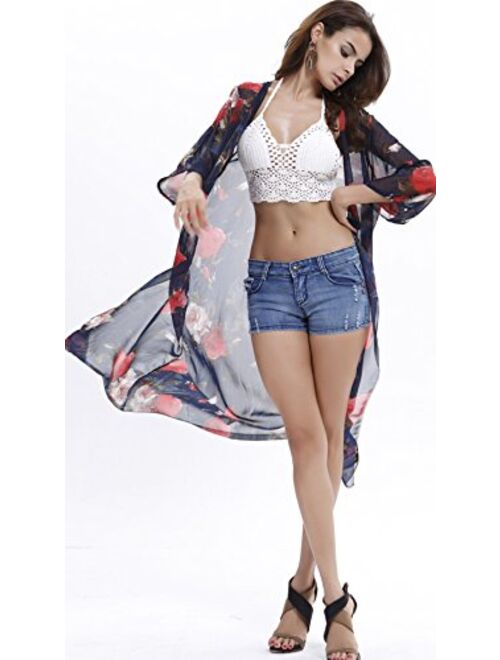 Upopby Women's Floral Printed Chiffon Swimsuits Cover Up Beach Bikini Kimono Cardigan
