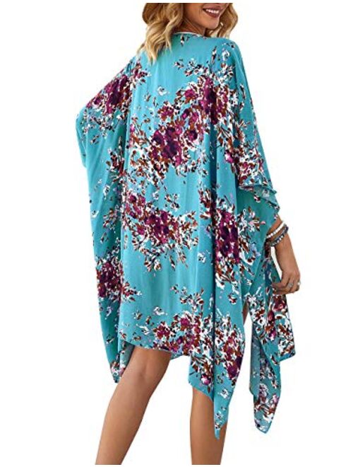Women's Beach Cover up Swimsuit Kimono Casual Cardigan with Bohemian Floral Print