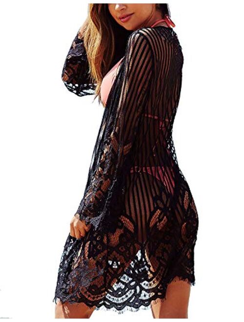 ChainJoy Womens Fashion Lace Kimono Cardigan Sexy Hollow Out Crochet Swimsuit Beach Cover up