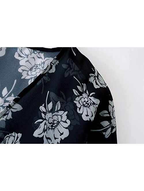 Hibluco Women's Fashion Floral Print Kimono Cardigan Long Tops Loose Cover Ups