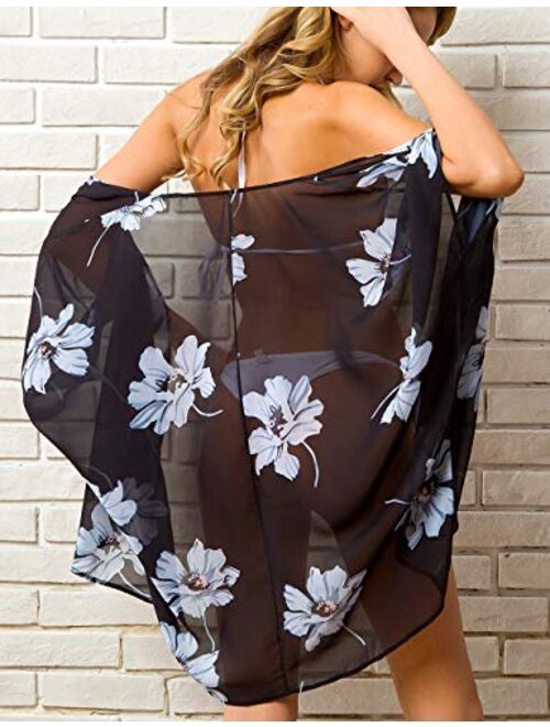 a.Jesdani Women's Kimono Floral Print Chiffon Cardigan Capes Beach Swimwear Cover Up