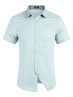 Men's Regular-Fit Short-Sleeve Solid Linen Cotton Shirt Casual Button Down Beach Shirt