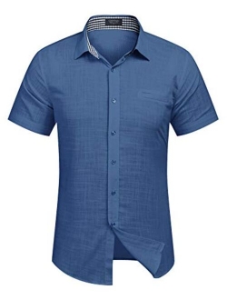 Men's Regular-Fit Short-Sleeve Solid Linen Cotton Shirt Casual Button Down Beach Shirt