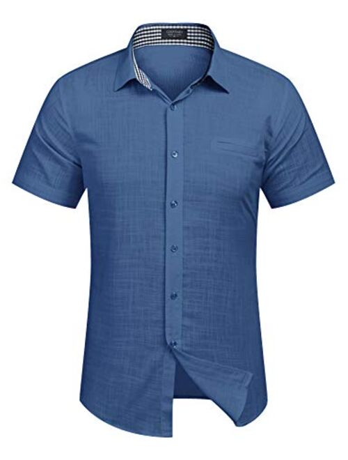 COOFANDY Men's Regular-Fit Short-Sleeve Solid Linen Cotton Shirt Casual Button Down Beach Shirt