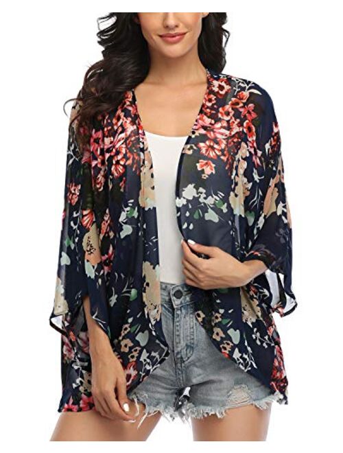 Women's Floral Print Kimonos Loose Tops Half Sleeve Shawl Chiffon Cardigan Blouses Casual Beach Cover Ups