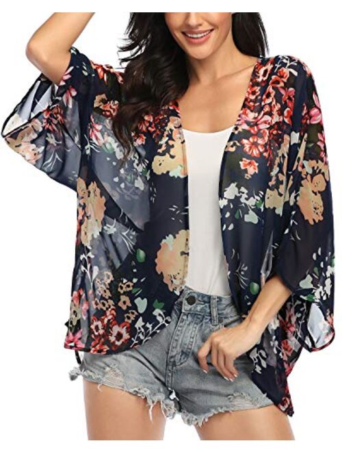Women's Floral Print Kimonos Loose Tops Half Sleeve Shawl Chiffon Cardigan Blouses Casual Beach Cover Ups