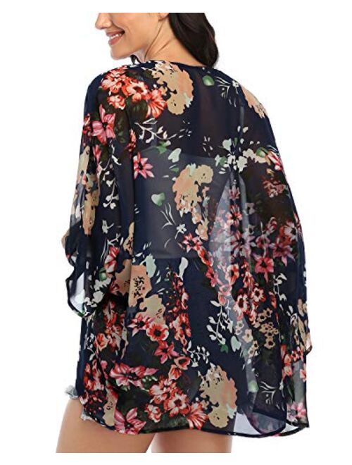 Women's Floral Print Kimonos Loose Tops Half Sleeve Shawl Chiffon Cardigan Blouses Casual Beach Cover Ups