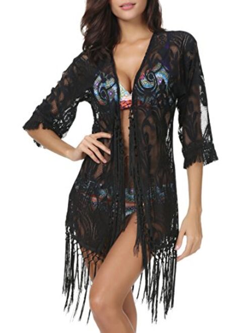 Invug Women Swimsuit Beach Wear Dress Tassel Bathing Suit Lace Bikini Cover Up Army Green XL