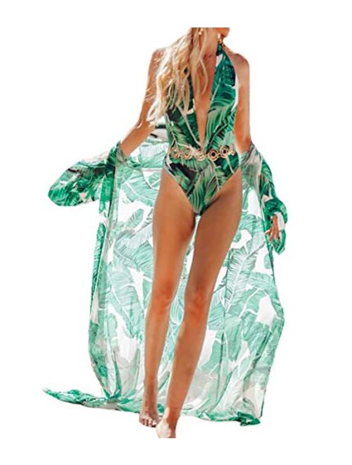 Bestyou Women's Long Kimono Cardigan Chiffon Cover Ups for Swimwear Floral Print Beachwear Maxi Dresses