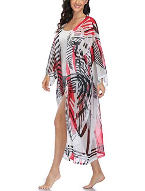 Womens Floral Kimono Cardigans Long Plus Size Swimsuit Cover Ups