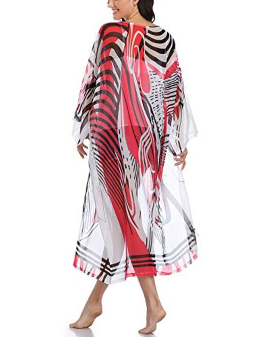 Womens Floral Kimono Cardigans Long Plus Size Swimsuit Cover Ups