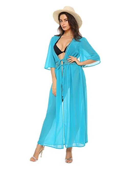 Mixfeer Womens Long Bikini Cover Up Chiffon Beach Dress Cardigan Open Front Kimono Swimsuit