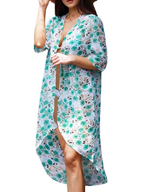Soul Young Women's Floral Kimono Cardigan Swimsuit Beach Cover up with Open Front Dress Beachwear for Summer