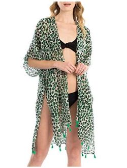 MIRMARU Women's Leopard Print Swimsuits Bikini Cover Up Summer Beach Swimwear, Bikini Beachwear Tassel Kimono Cardigan.