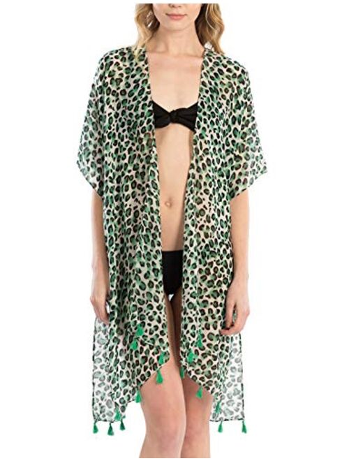 MIRMARU Women's Leopard Print Swimsuits Bikini Cover Up Summer Beach Swimwear, Bikini Beachwear Tassel Kimono Cardigan.