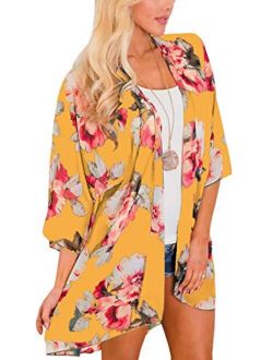 Hibluco Women's Long Sheer Floral Striped Belted Kimono Cardigan Cover up Duster