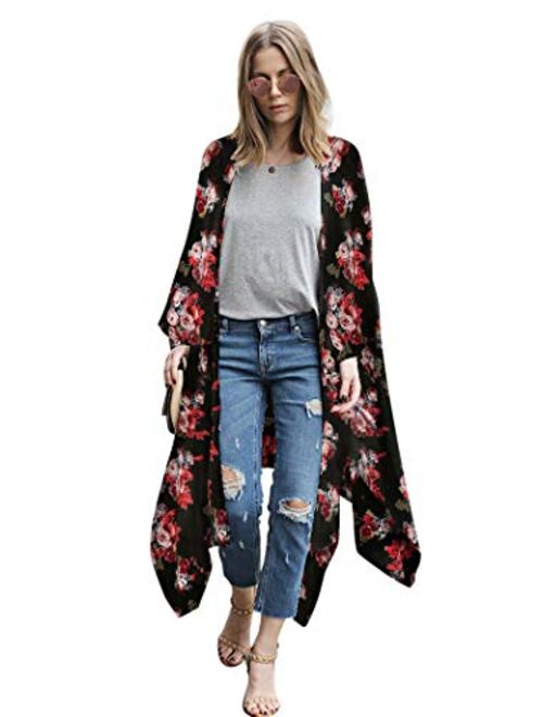 LadyM Womens Floral Print Chiffon Kimono Cardigans Loose Beach Cover Up Puff Sleeve Blouse Tops