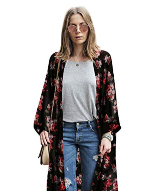 LadyM Womens Floral Print Chiffon Kimono Cardigans Loose Beach Cover Up Puff Sleeve Blouse Tops