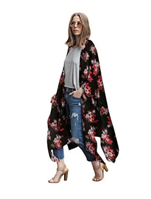 LadyM Womens Floral Print Chiffon Kimono Cardigans Loose Beach Cover Up Puff Sleeve Blouse Tops