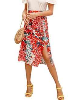Women's Boho Floral High Waist Split A Line Midi Skirt