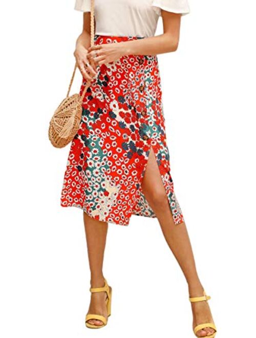 Buy Floerns Women's Boho Floral High Waist Split A Line Midi Skirt ...
