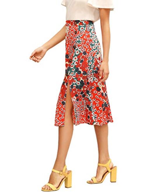 Floerns Women's Boho Floral High Waist Split A Line Midi Skirt
