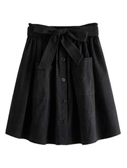 Women's Casual Self Tie Waist Frill Double Pocket Short Skirt