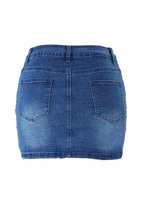 Tulucky Women's Button Down Front Denim Short Skirt with Side Pocket