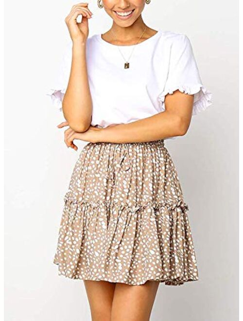 Arjungo Women's Floral High Waist Drawstring Ruffle Flared Boho A-Line Pleated Skater Mini Skirt