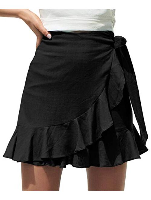 Arjungo Women's Floral High Waist Drawstring Ruffle Flared Boho A-Line Pleated Skater Mini Skirt