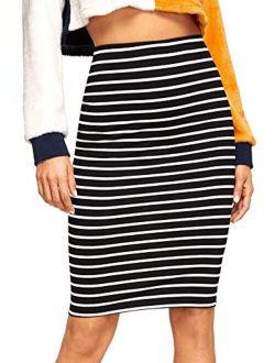 Women's Striped Knee Length Elastic Waist Bodycon Pencil Skirt
