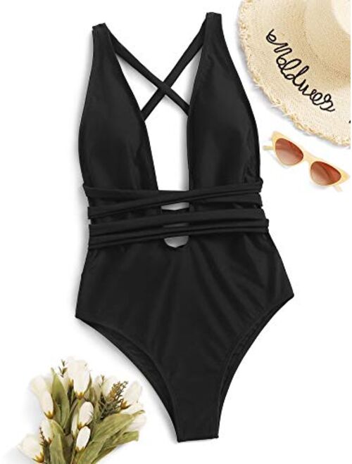 SweatyRocks Women's Sexy Basic Criss Cross Tie Knot Front Deep V Open Back One Piece Swimwear