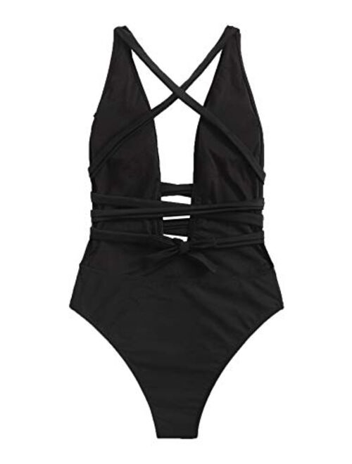 SweatyRocks Women's Sexy Basic Criss Cross Tie Knot Front Deep V Open Back One Piece Swimwear