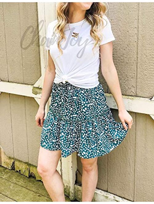 ChainJoy Women's Flared Short Ruffle Skirt Polka Dot Pleated Mini Skater Skirt with Drawstring