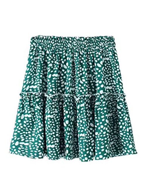 ChainJoy Women's Flared Short Ruffle Skirt Polka Dot Pleated Mini Skater Skirt with Drawstring